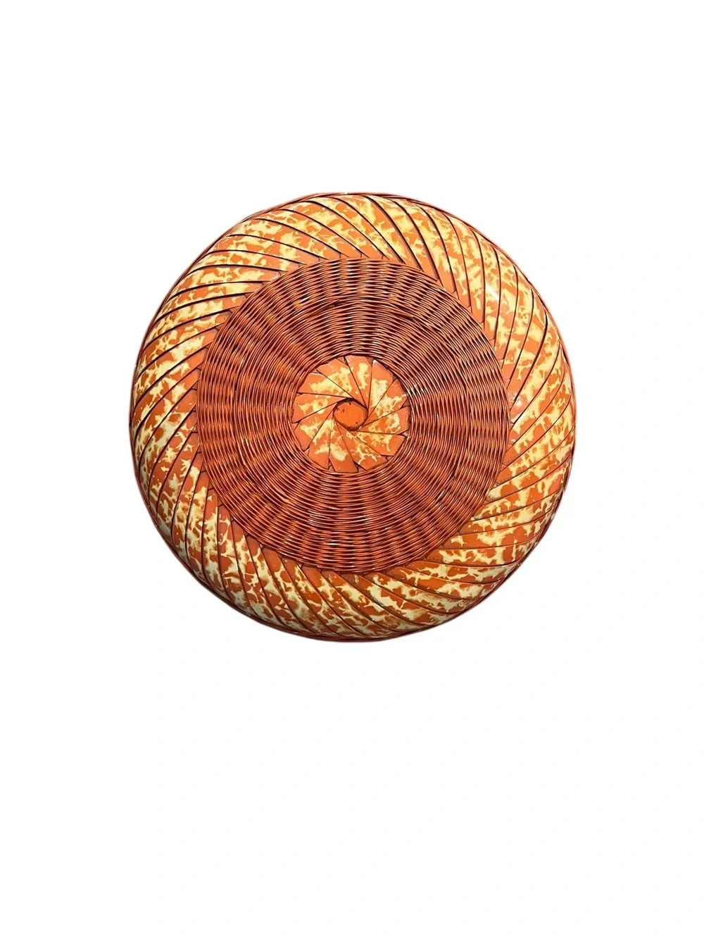 VTG Handwoven Round Bamboo & Rattan Lidded Basket Intricate Variegated